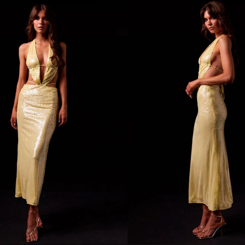 Peppermayo Exclusive - Elara Sequin Maxi Dress - Lemon Spritz | Size 4